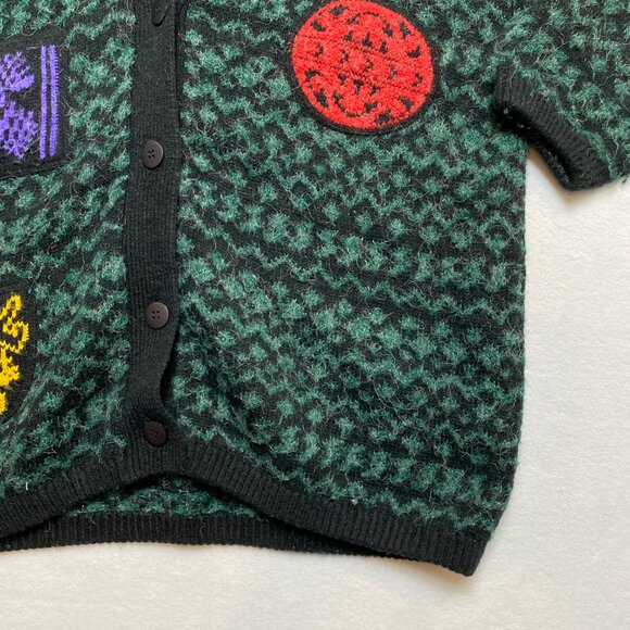 VINTAGE Saks Fifth Avenue Cardigan Sweater Patches WomensXL Green Mohair 80s - Picture 4 of 11